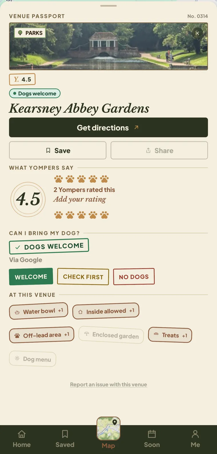A Yomp venue page for Kearsney Abbey Gardens: a Dogs welcome verdict, a community rating out of five paws, the Welcome / Check first / No dogs options, and tags for water bowl, inside allowed, off-lead area and treats.